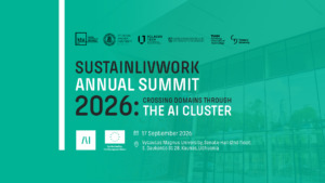 Žalsvos spalvos SustainLivWork Annual Summit 2026 renginio plakatas su universitetų partnerių logotipais. Tekstas skelbia „SUSTAINLIVWORK ANNUAL SUMMIT 2026. CROSSING DOMAINS THROUGH THE AI CLUSTER. 17 September 2026. V. Putvinskio St 23–414, Kaunas. Co-funded by the European Union.“